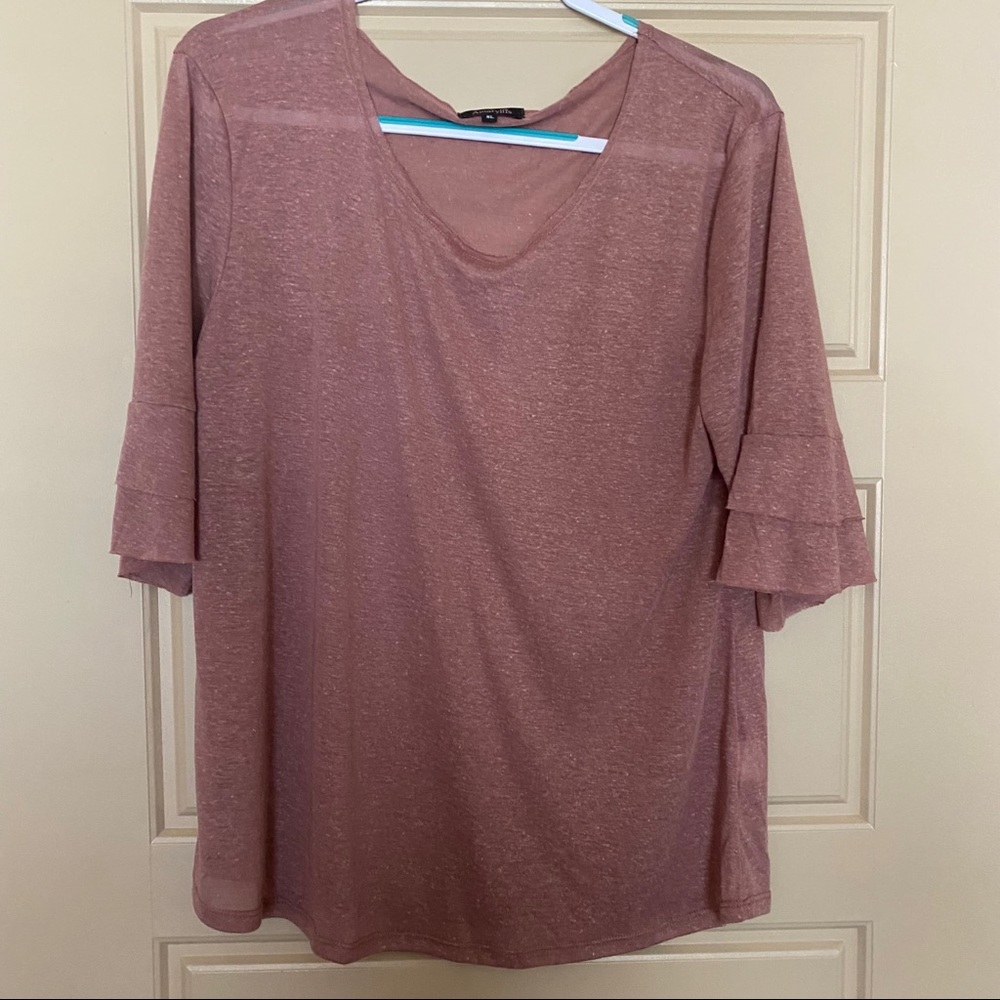 Raw edge, 3/4 sleeve scoop neck top, Mauve, XL